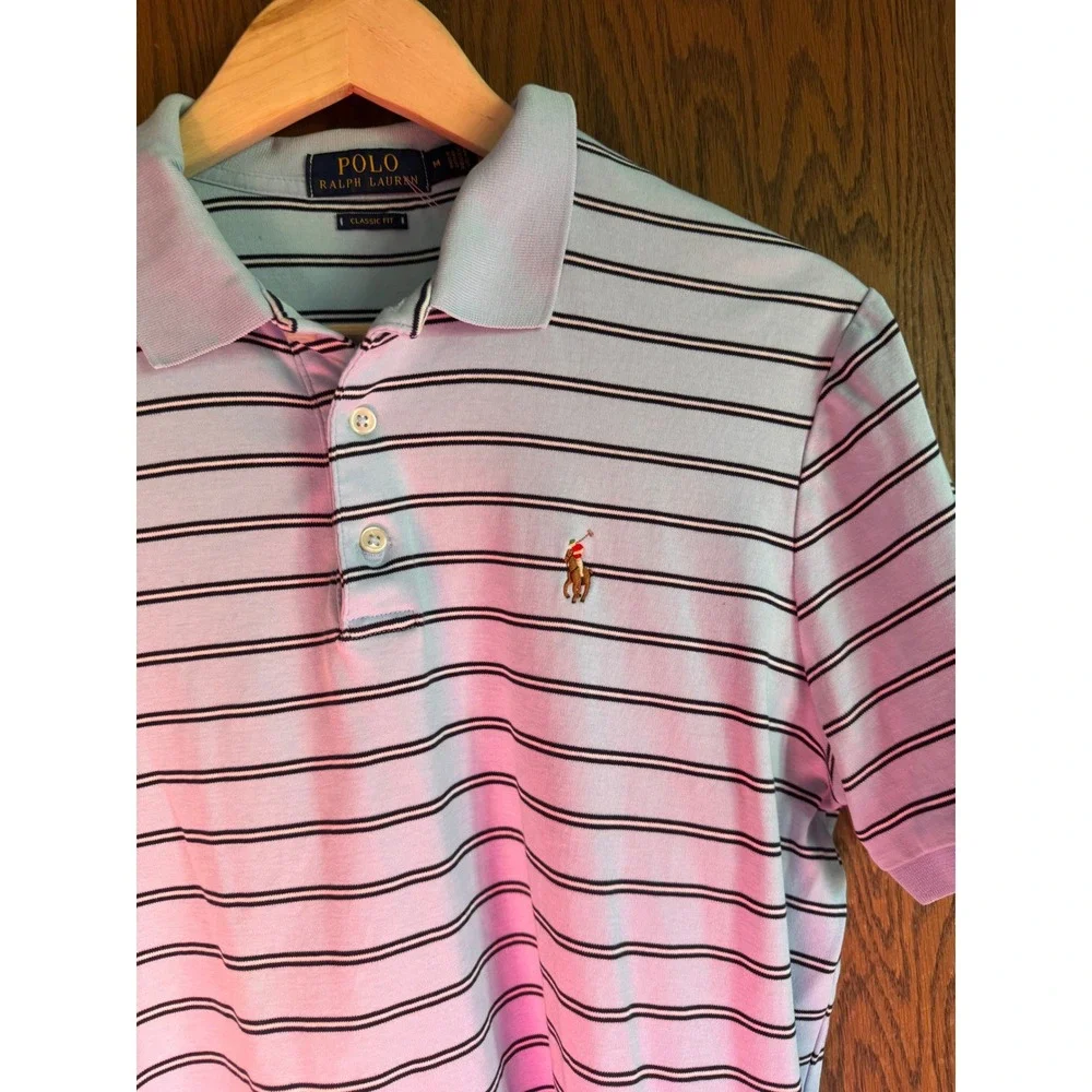 Polo‎ Ralph Lauren Mens Classic Fit Striped Polo Shirt Light Blue Navy Medium
